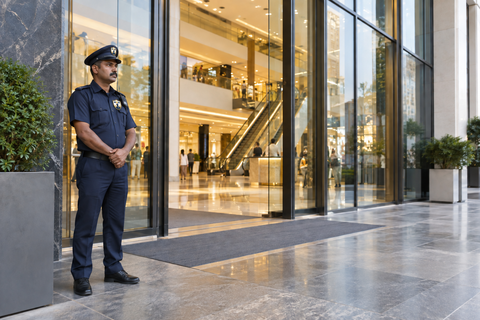 AI illustration of an HDM-branded professional security guard at a modern shopping mall
