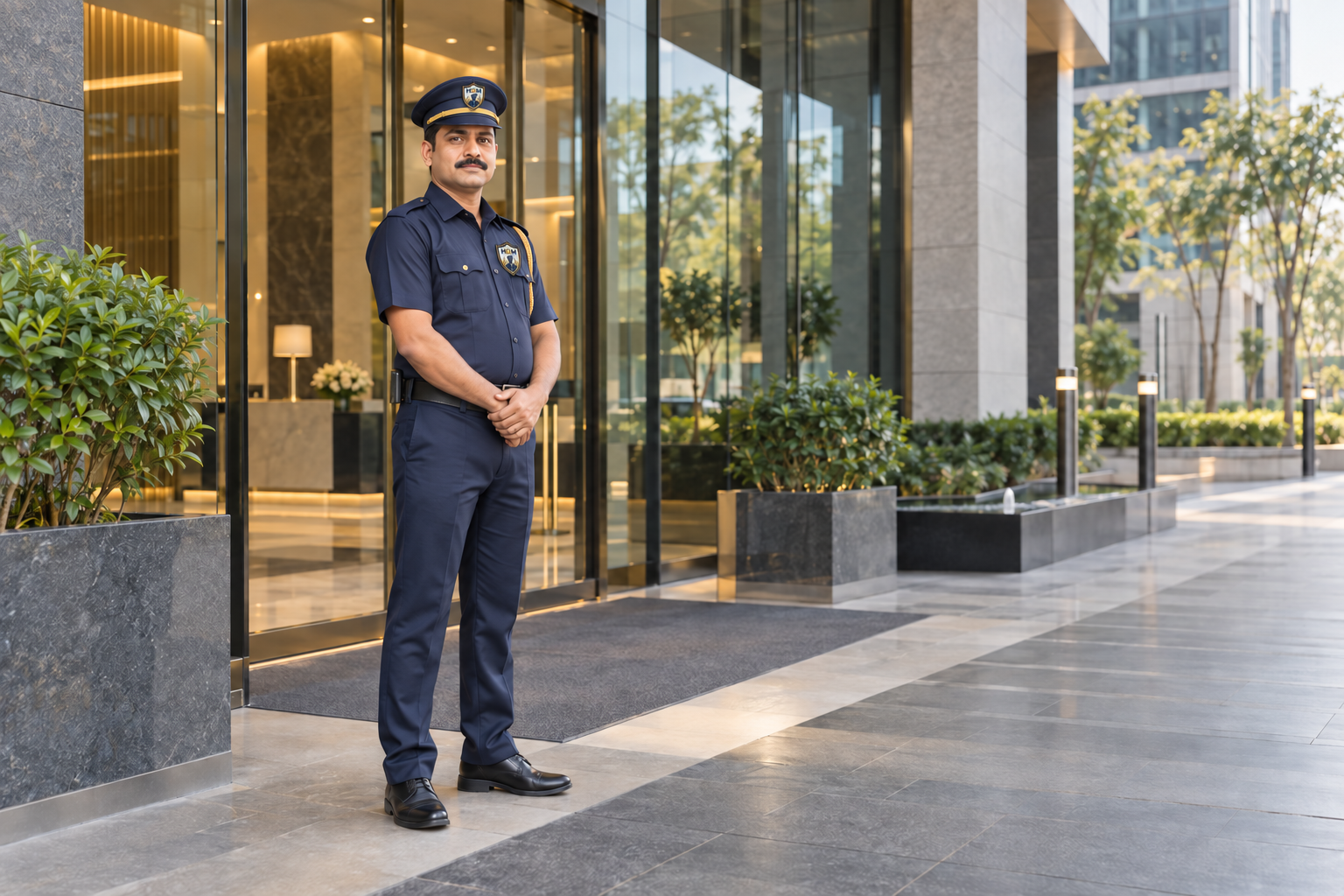 AI illustration of an HDM-branded professional security guard at a modern corporate office